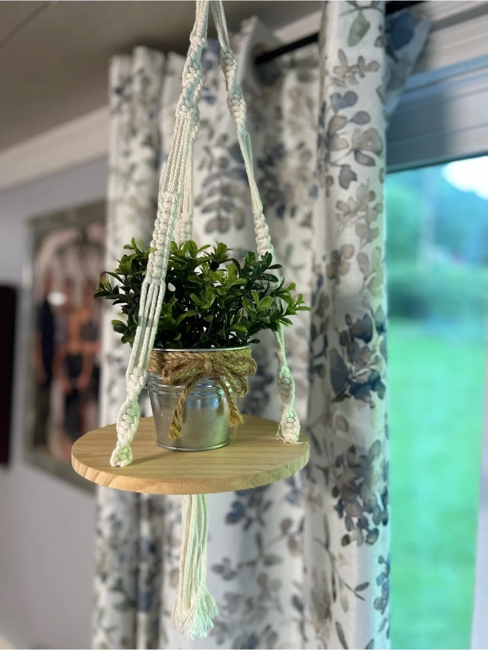 Hanging Macramé Plant Shelf with Wooden Base